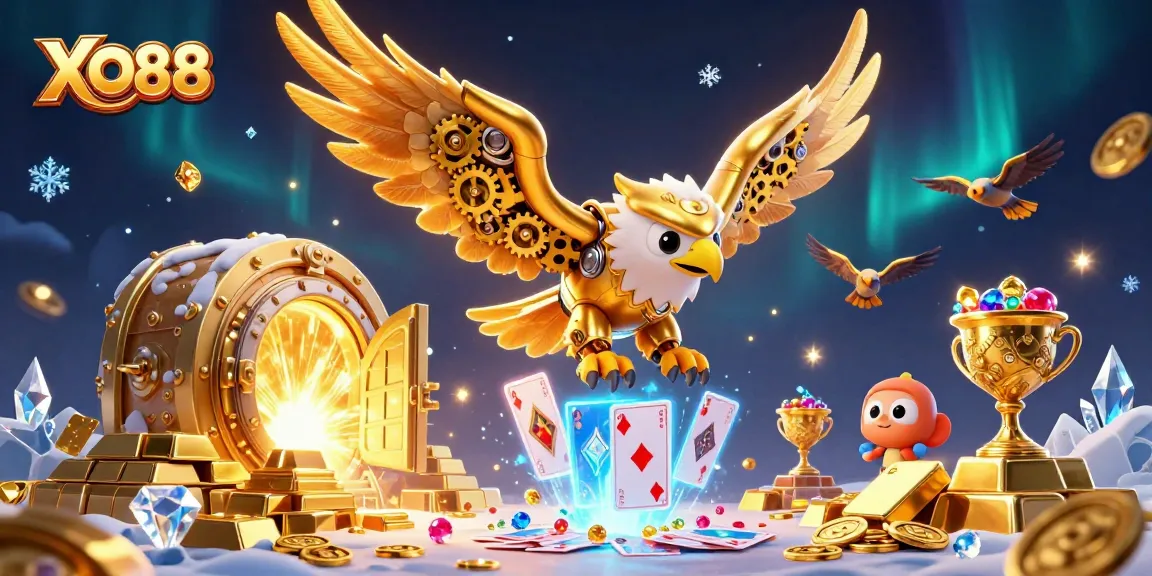 Experience the thrill of XO88 casino with a vibrant illustration of a cybernetic eagle amidst gold treasures.