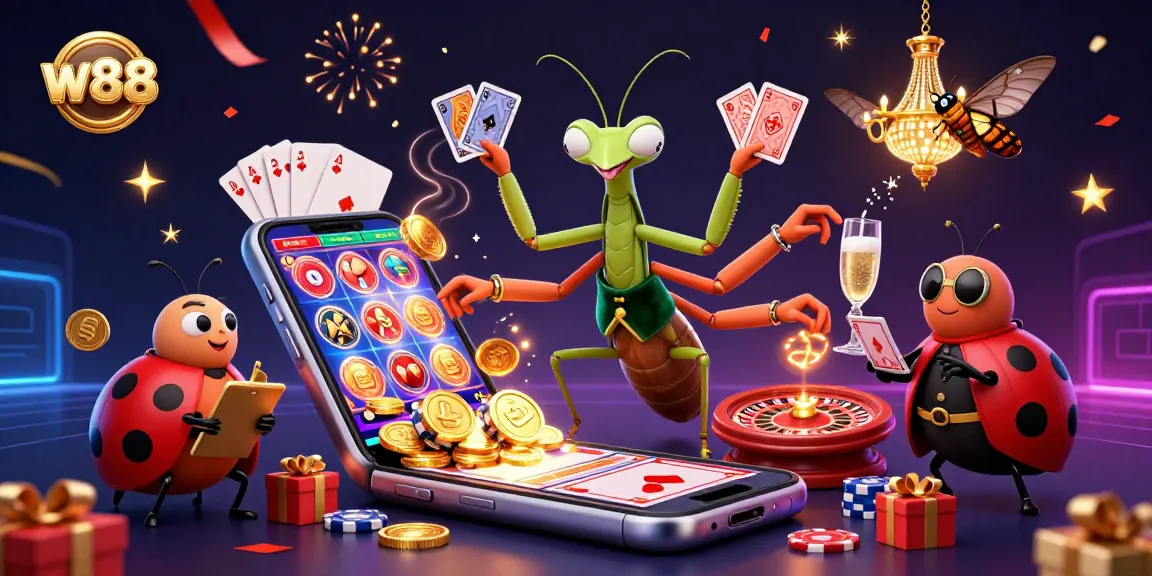 Experience w88 with a vibrant 3D casino scene featuring unique characters and games.