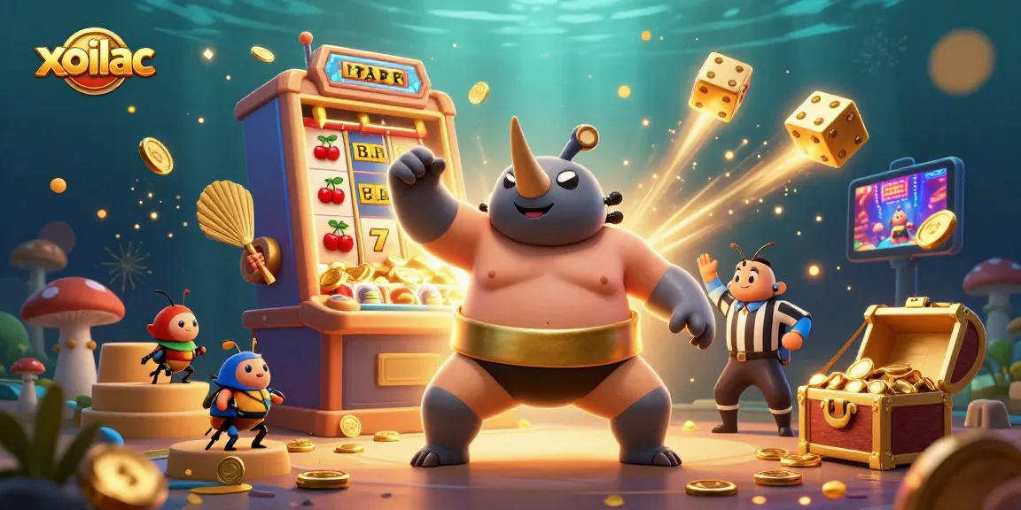 Engage with xoilac slots featuring a beetle champion and golden coins in a vibrant casino scene.