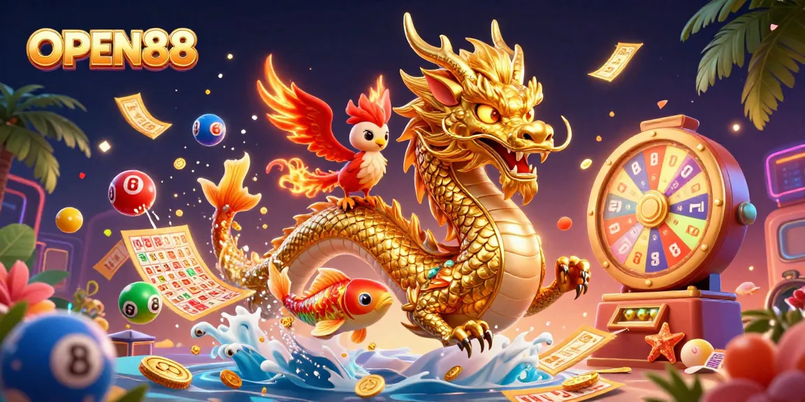 Experience exciting wins at OPEN88 with a fierce dragon, phoenix, and koi fish in a vibrant casino scene.
