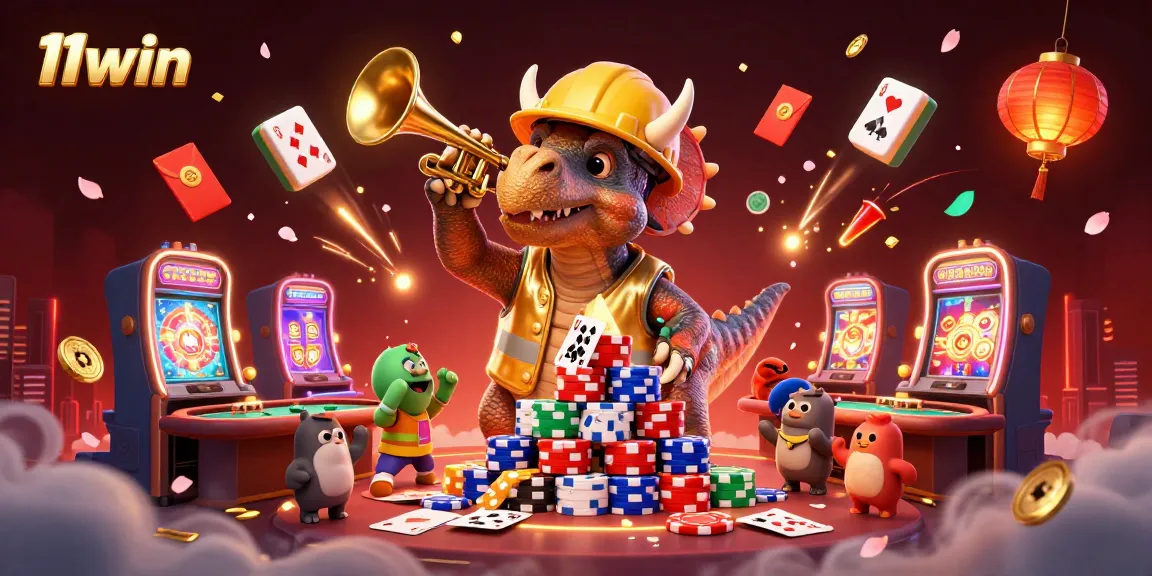 11win showcases a vibrant casino scene with characters celebrating and interactive game elements.