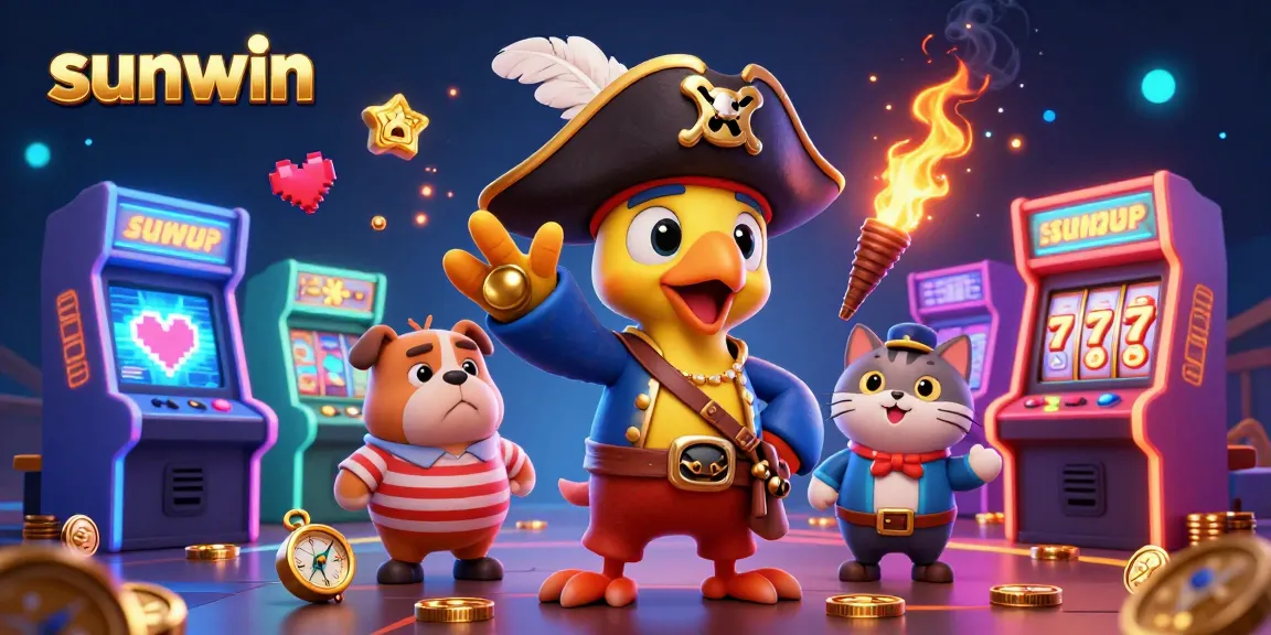 Engage with sunwin in this lively casino scene featuring a pirate captain and vibrant gaming elements.