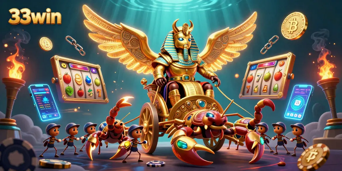Experience thrilling gaming action with 33win's vibrant casino illustration featuring golden elements and exciting symbols.