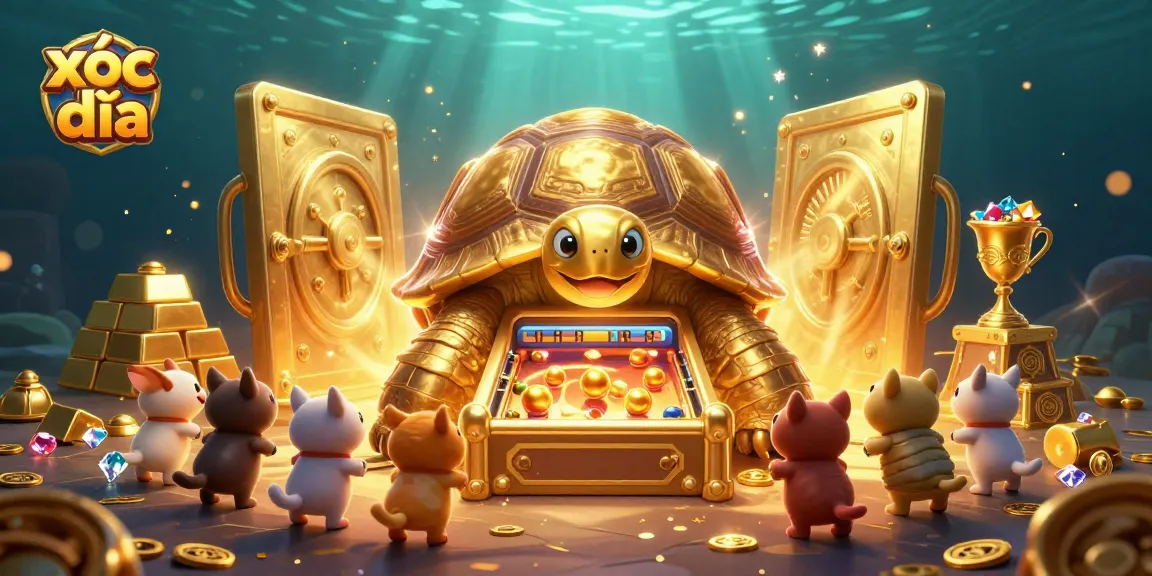 Engage in xóc đĩa with a captivating scene of a golden tortoise pinball machine amidst treasures.