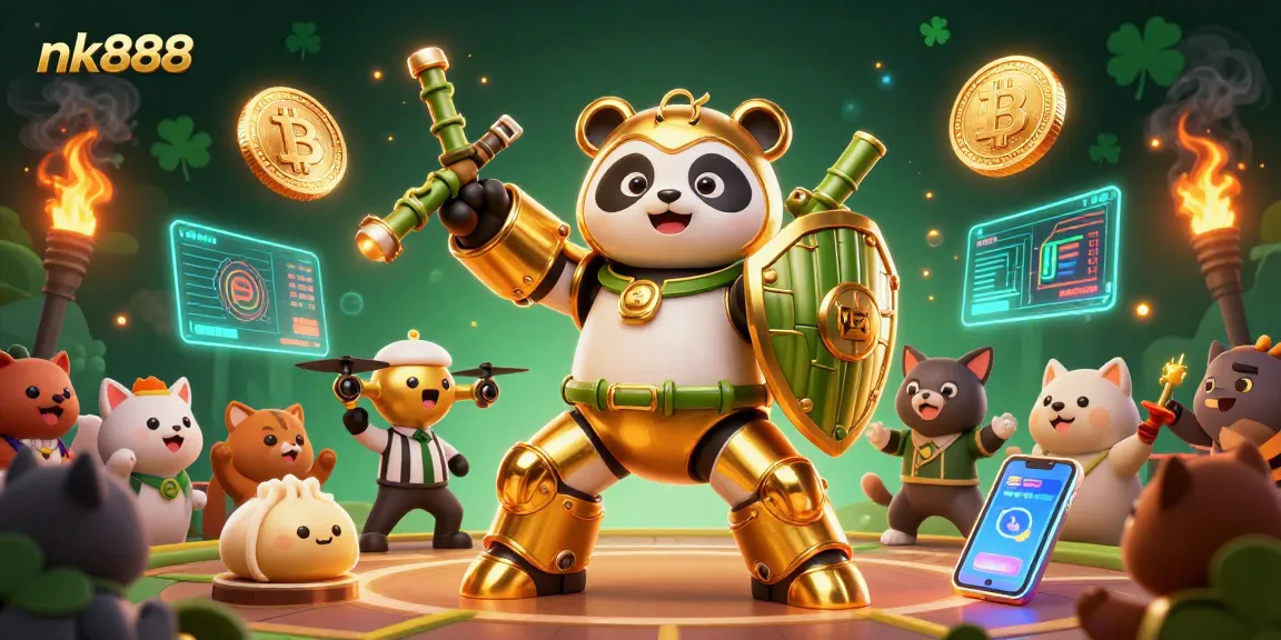 Experience nk888 excitement in a vibrant 3D scene with golden panda and crypto elements