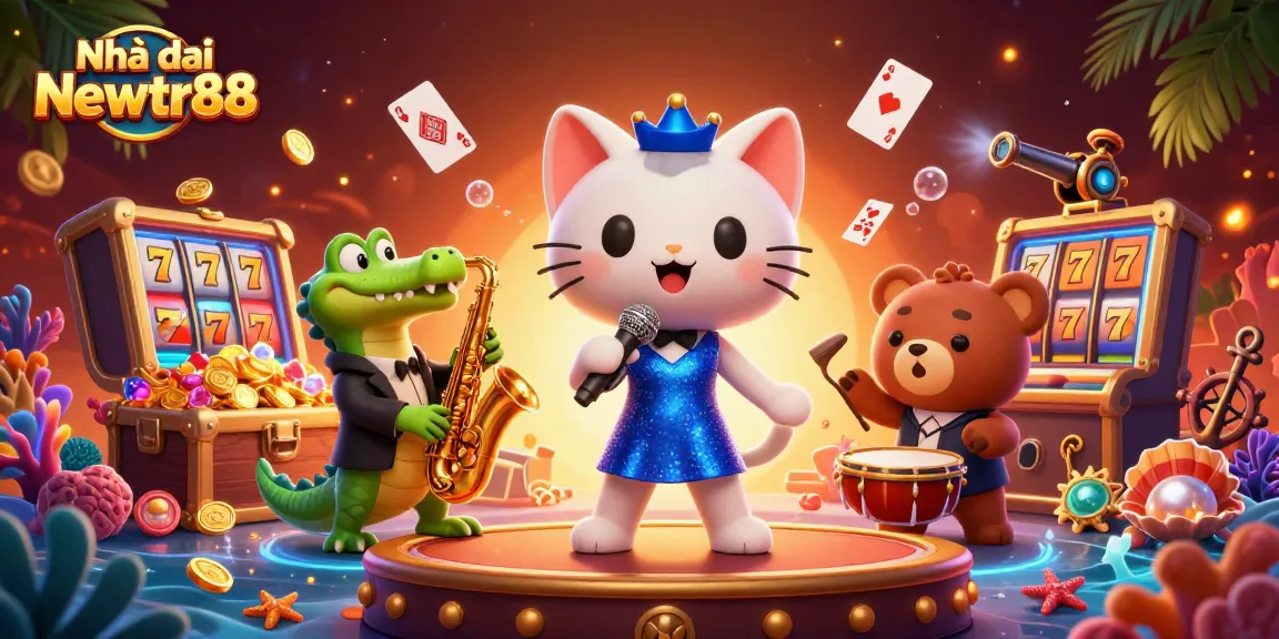 Engage with the vibrant world of Nhà cái Newtr88 featuring exciting casino elements and animated characters.