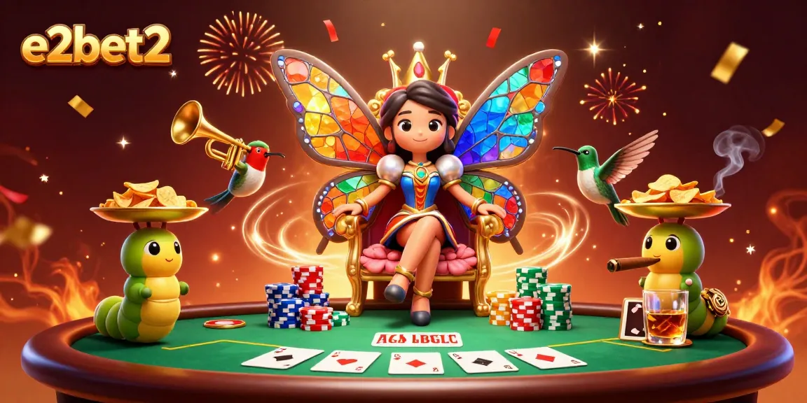 Play poker and win big with e2bet2 in a vibrant casino scene featuring a butterfly queen and colorful chips.