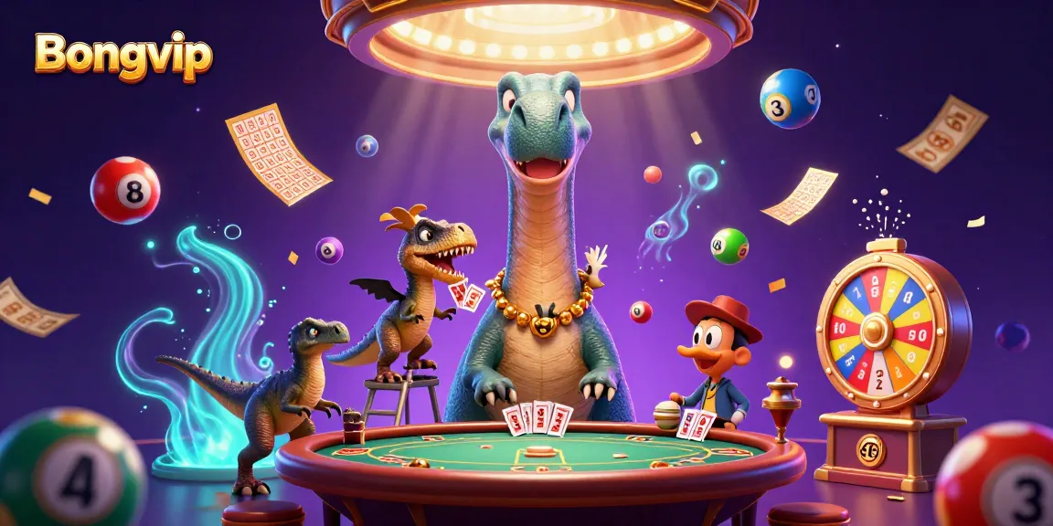 Bongvip captivates with a vibrant casino scene featuring a brontosaurus and clever raptor amidst dynamic gaming elements.
