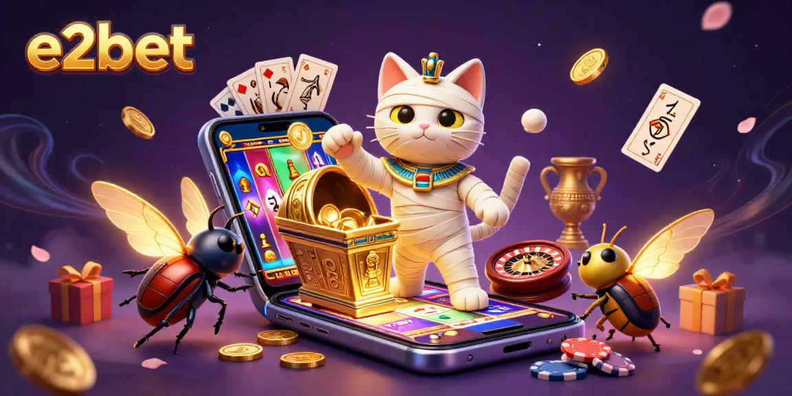 Experience e2bet's vibrant casino world with a mummy cat and scarab beetle bursting with gaming action.