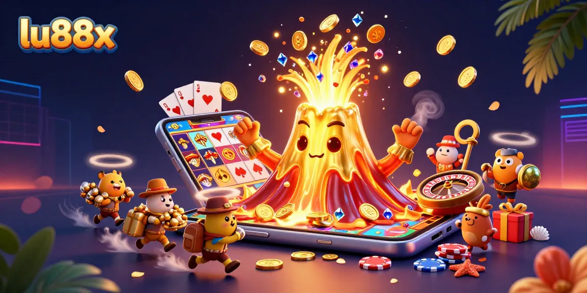 Experience excitement with lu88x in this vibrant casino-themed illustration full of treasures.