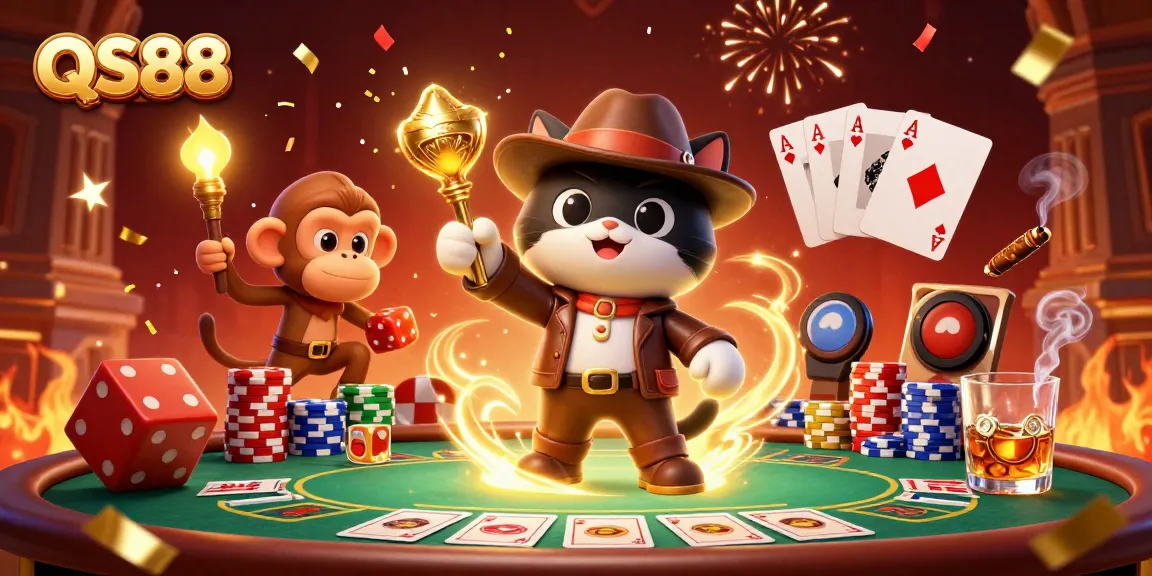 QS88 offers an immersive gambling experience with an explorer cat and monkey amidst casino treasures.