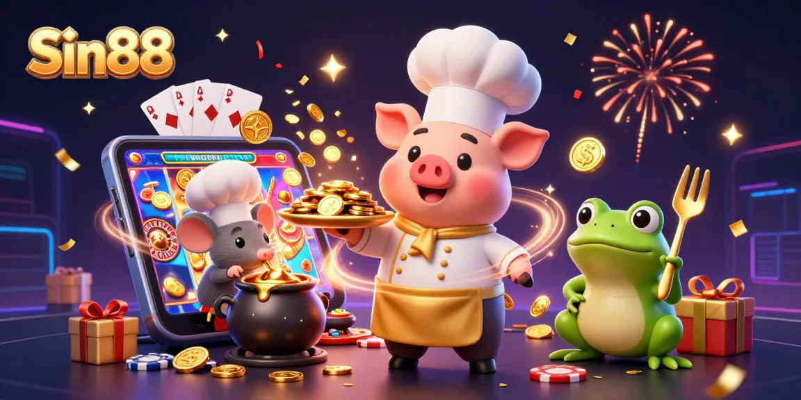 Sin88 showcases a 3D cartoon chef pig serving gold coins, enhancing the excitement of casino gaming.