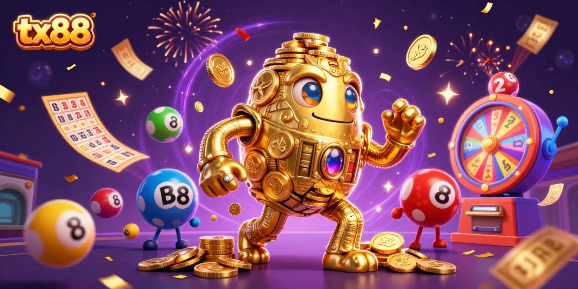 Engage with tx88's thrilling casino action featuring a golden golem amidst lively lottery elements.