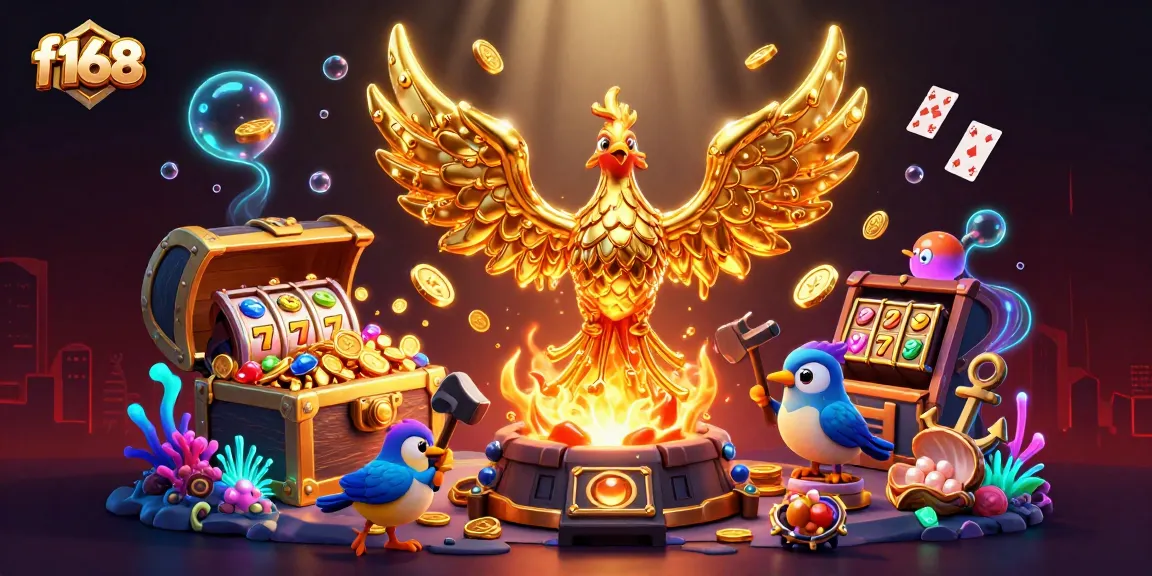 Experience f168's vibrant casino atmosphere with a golden phoenix, slot reels, and treasure exploding in gold coins.