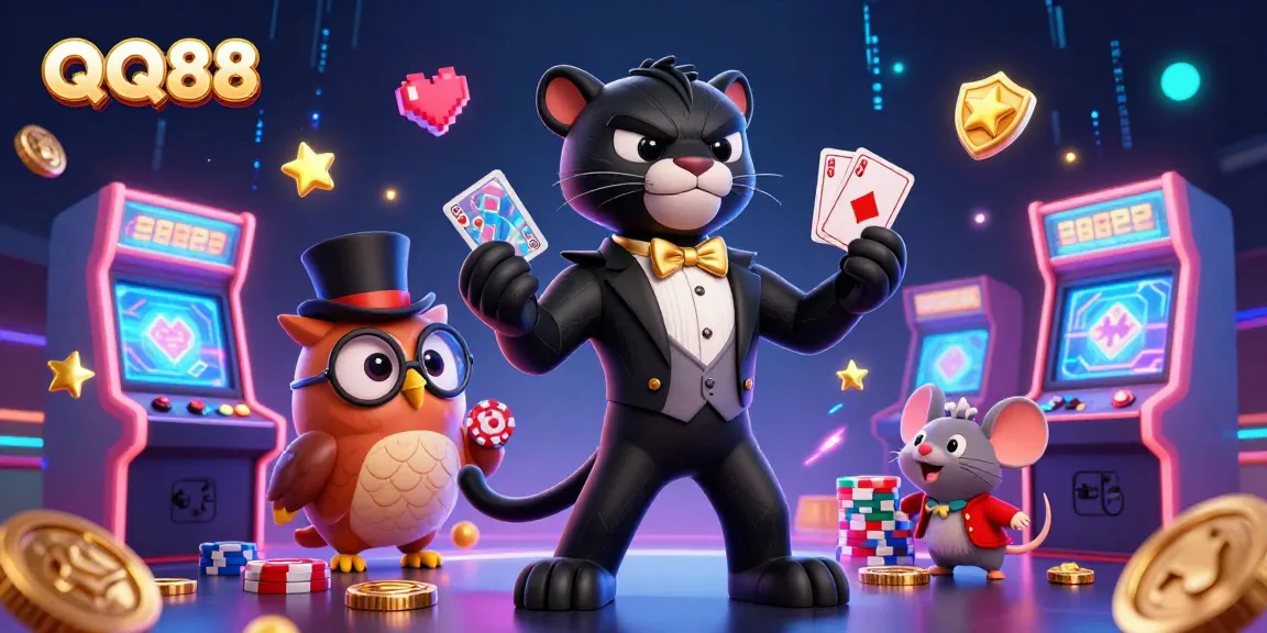 Experience QQ88's vibrant casino scene showcasing lucky characters and gaming action.