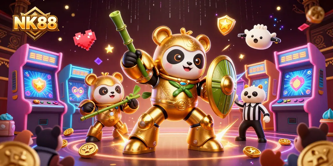 Experience gaming excitement with NK88 in a vibrant casino-style arena filled with dynamic action.