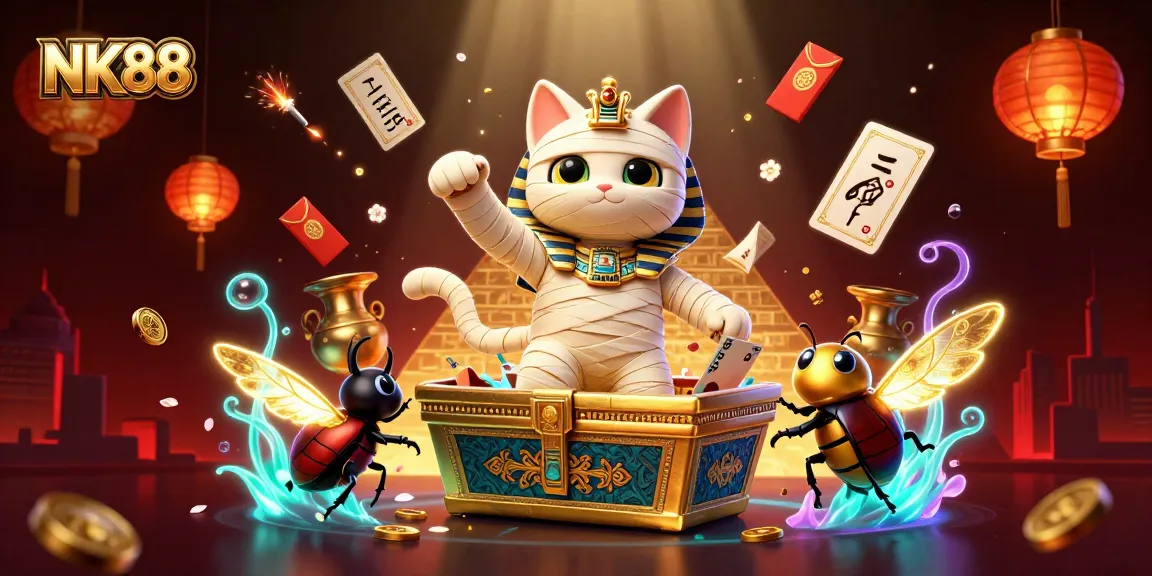 Experience thrilling gameplay at NK88 with a vibrant 3D scene showcasing an Egyptian mummy cat casino adventure.