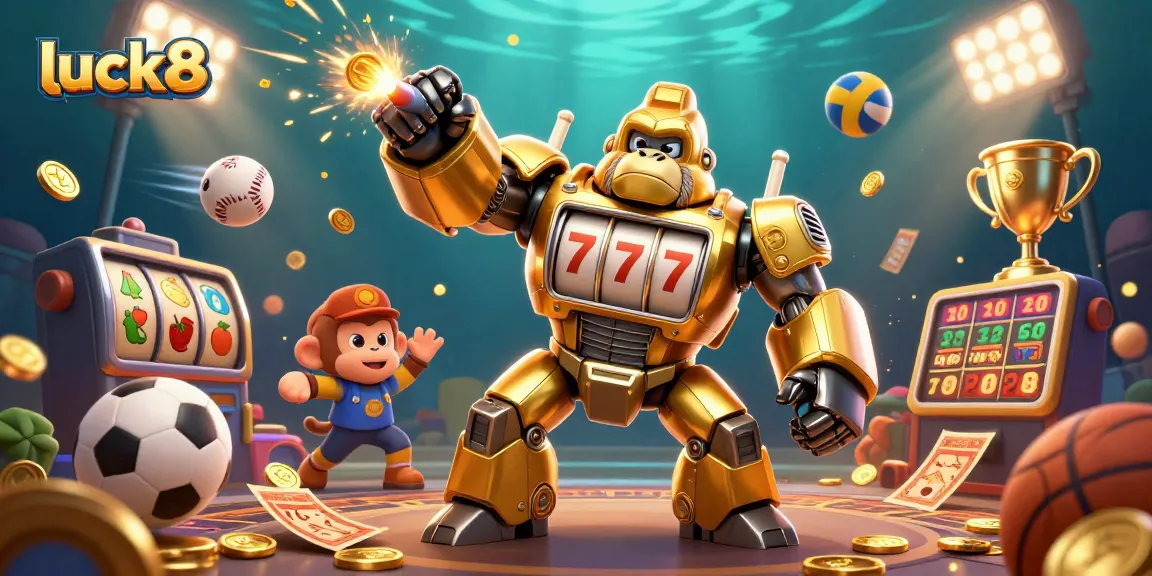 Experience luck8's exciting gameplay as a golden gorilla mech powers through a slot machine adventure.