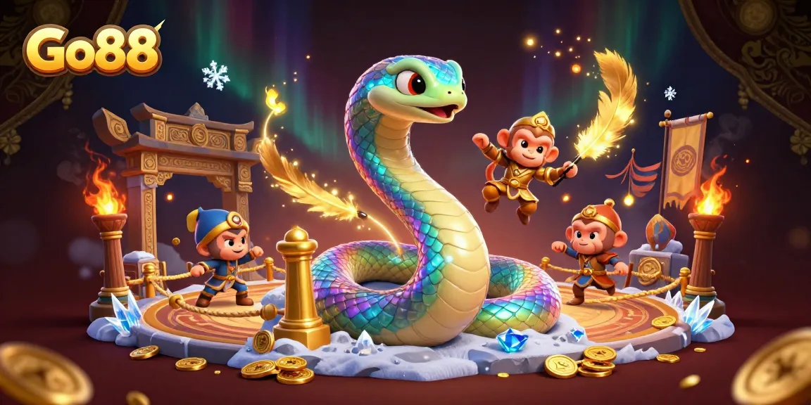 Engage with Go88 at an online casino featuring a vibrant 3D scene of a rainbow serpent and monkey king.