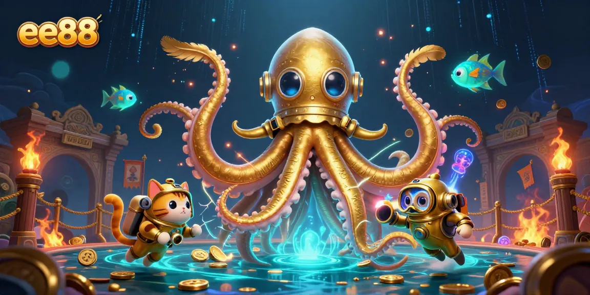 ee88 casino scene featuring a kraken, a diving cat, and glowing fish amidst dynamic gaming elements.