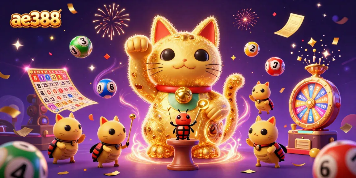Join the excitement with ae388 as a giant lucky cat appears surrounded by colorful lottery elements in a vibrant casino scene.