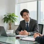 Professional lawyer consulting with a client, creating impactful legal content in a modern office.