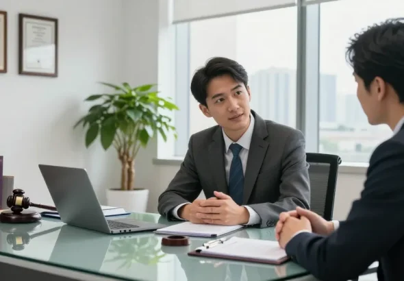 Professional lawyer consulting with a client, creating impactful legal content in a modern office.