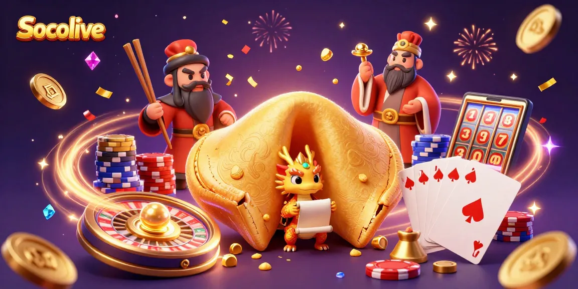 Socolive captivates with a dynamic scene of golden fortune cookies and wise dragons amidst casino excitement.
