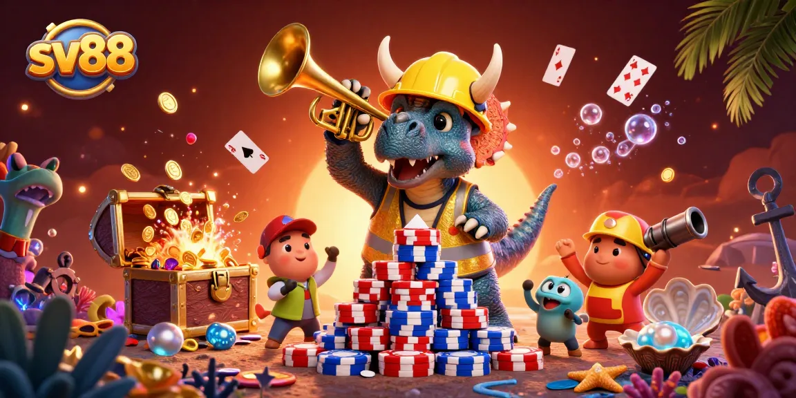 Experience the thrill of sv88 with a lively scene of cartoon dinosaurs at a casino.