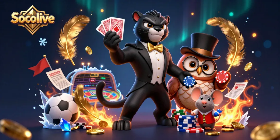 Socolive brings dynamic sports betting action to life with a playful illustration of characters dealing cards and handling poker chips.