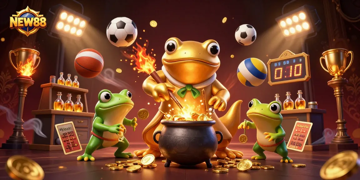 Experience excitement with NEW88 in a vibrant 3D casino scene featuring golden alchemy and sports elements.