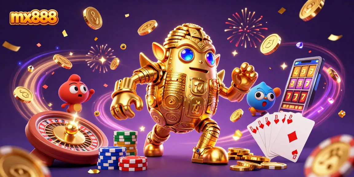 Engage with mx888's golden golem avatar amidst sparkling casino treasures and dynamic gaming elements.
