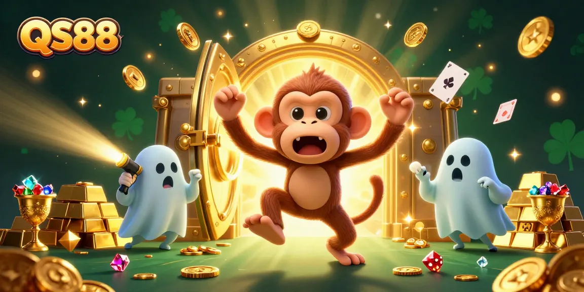 Experience the excitement of QS88 with a playful monkey juggling coins in a vibrant casino.