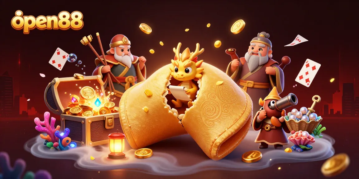 Engage with open88's vibrant 3D casino experience amid golden treasures in this dynamic illustration.