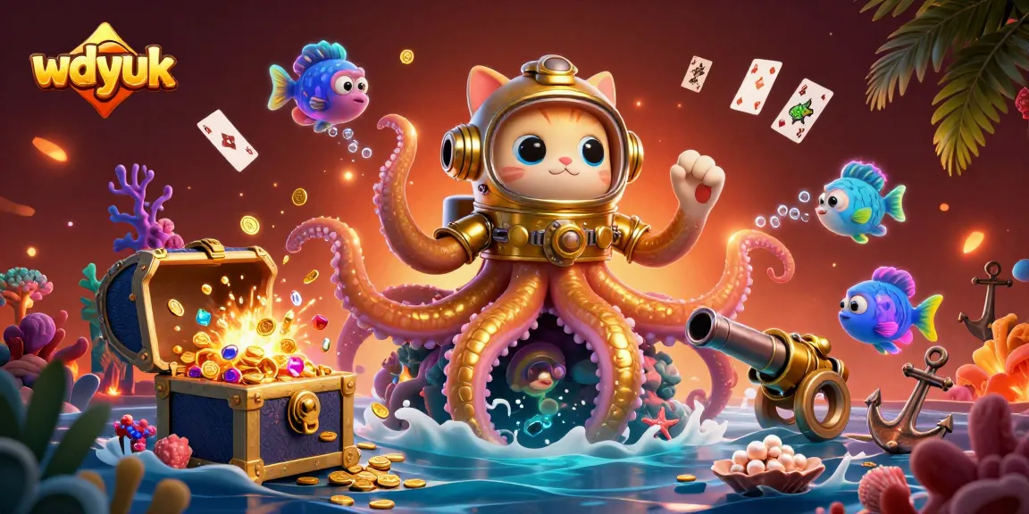 Experience thrilling gameplay with wdyuk, featuring a majestic kraken and a diving cat amidst ocean treasures.