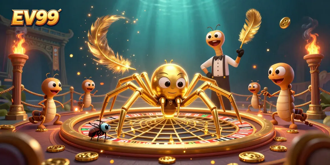 EV99 players engage in thrilling betting at a golden roulette web created by a cartoon spider.