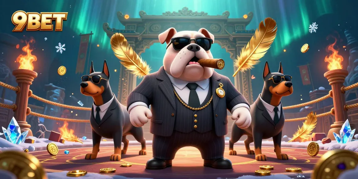 Join the excitement of 9BET with a thrilling scene depicting a mafia boss bulldog and bodyguards amid swirling gold coins and betting tokens.