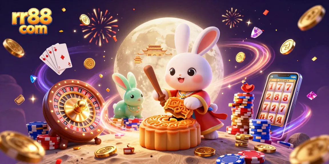 Experience the excitement of rr88 com with a magical moon rabbit and casino riches in a vibrant 3D illustration.