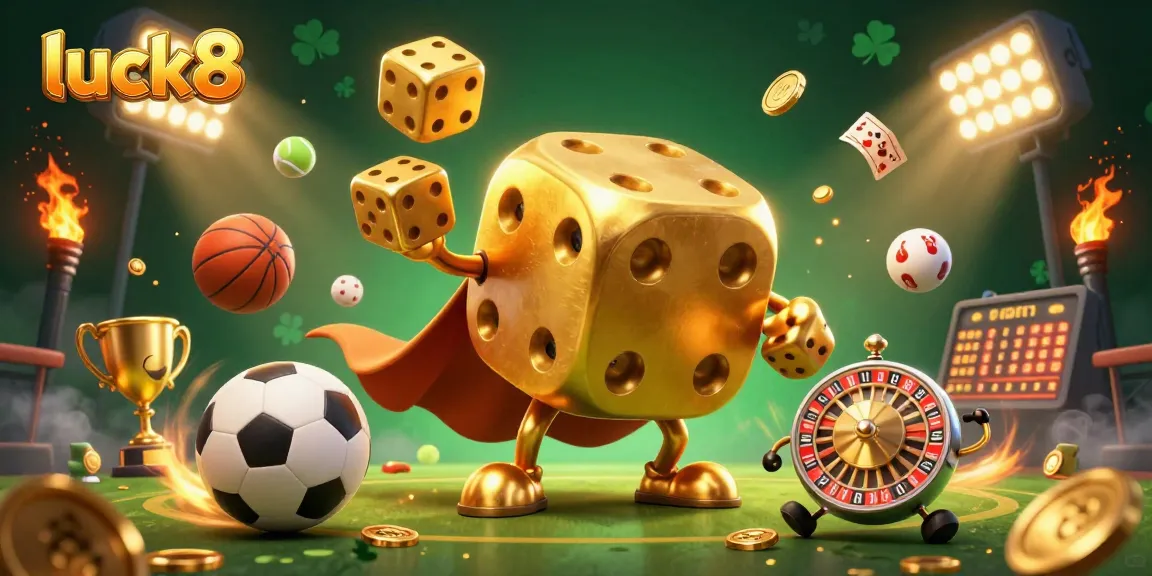 Experience excitement at luck8 with a lively scene of animated golden dice and sports elements.