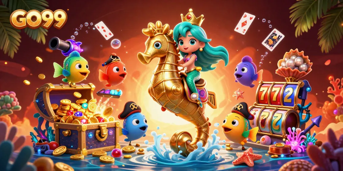 Experience the excitement of GO99 with a vibrant casino-themed underwater scene featuring a mermaid and seahorse.