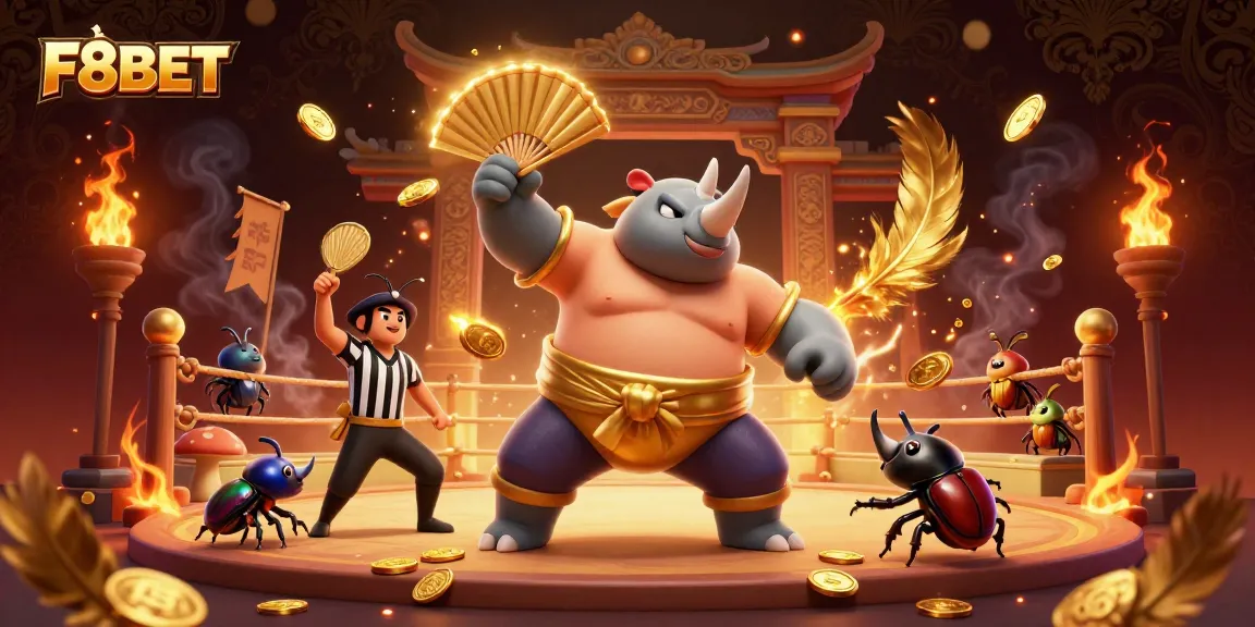Experience F8BET's thrilling casino action with a dynamic illustration of a sumo beetle champion amidst golden coins.