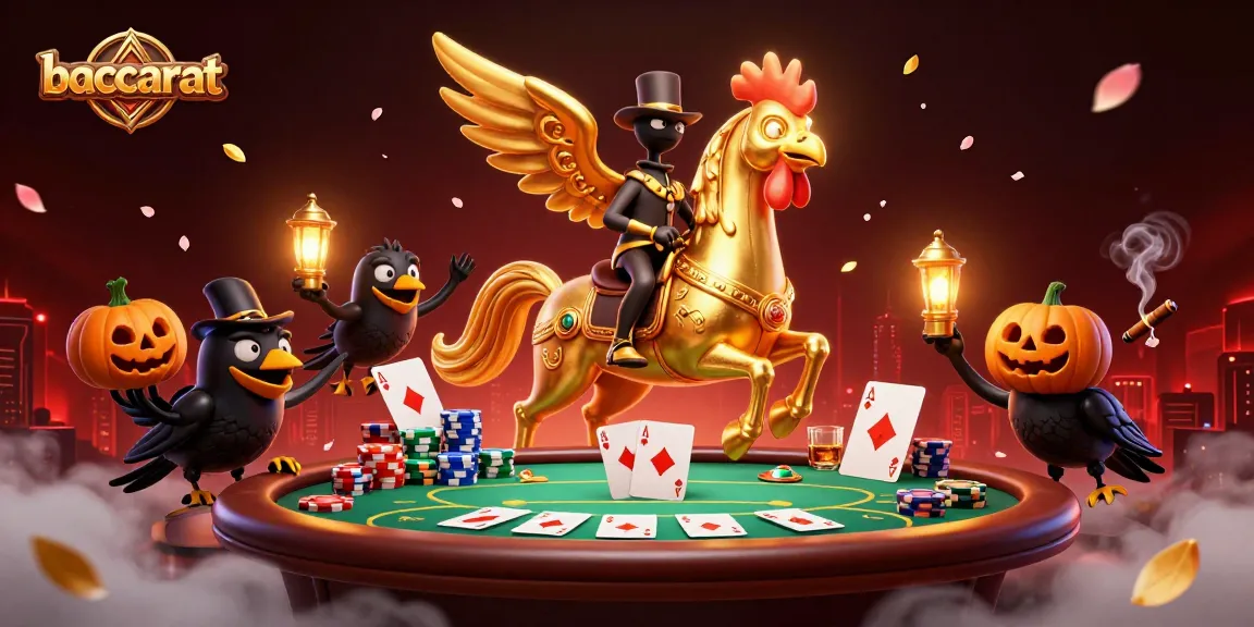 Baccarat game scene featuring a golden rooster headless horseman and pumpkin-headed crows illuminating the casino.