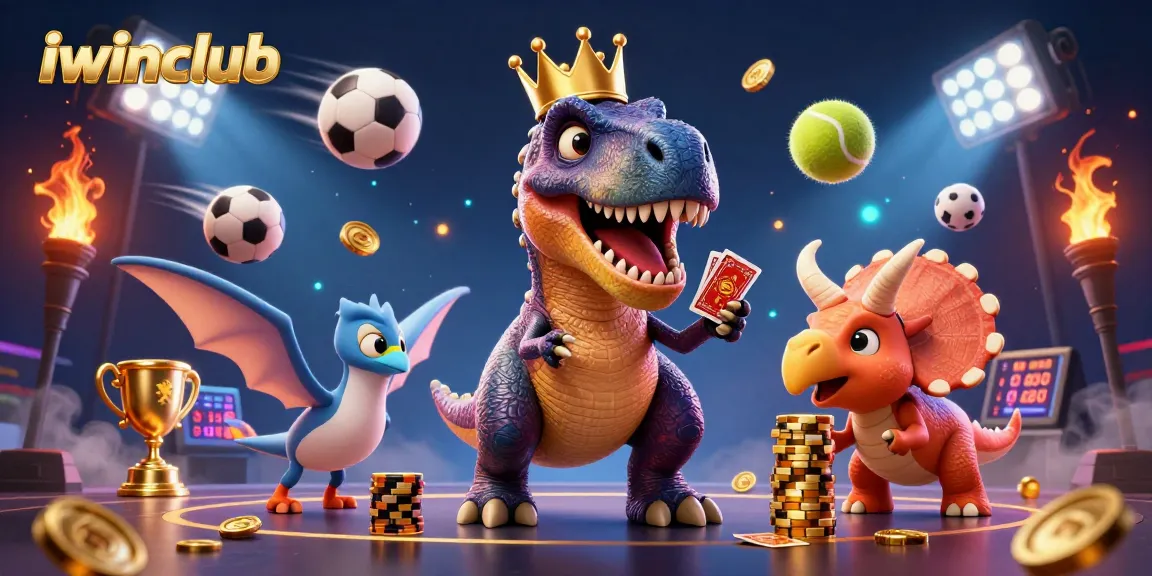 Experience thrilling sports betting action with iwinclub in a vibrant animated scene featuring dinosaurs.