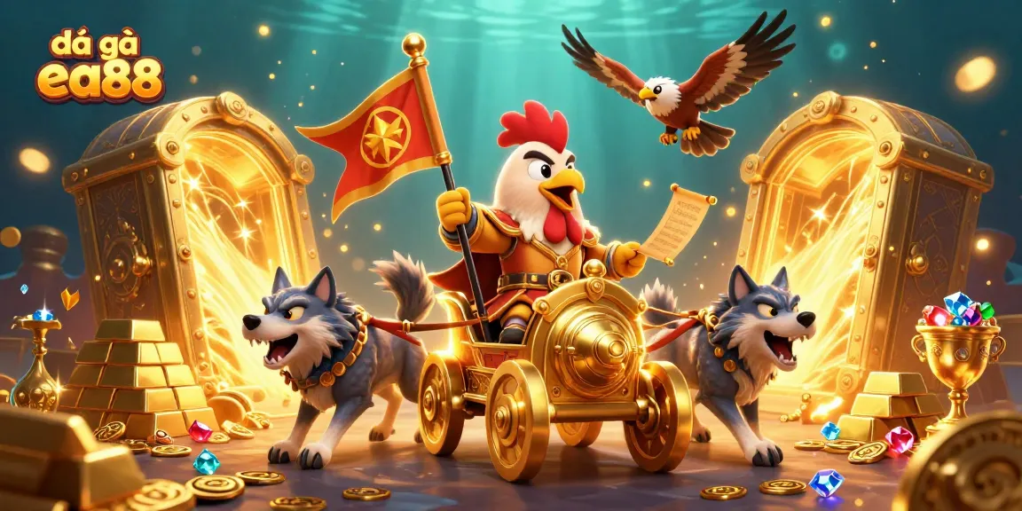 Engage in đá gà ea88 with a rooster warlord and dynamic casino treasure scene.