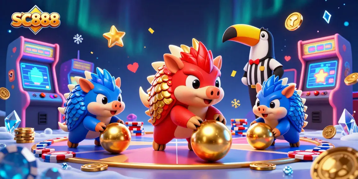SC888 features rival pangolins in action, surrounded by vibrant gaming elements in a captivating casino scene.