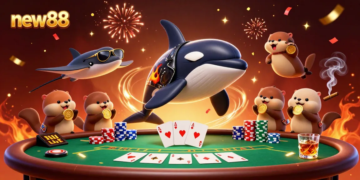 Experience the excitement of new88 with a vibrant casino scene featuring characters and poker elements.
