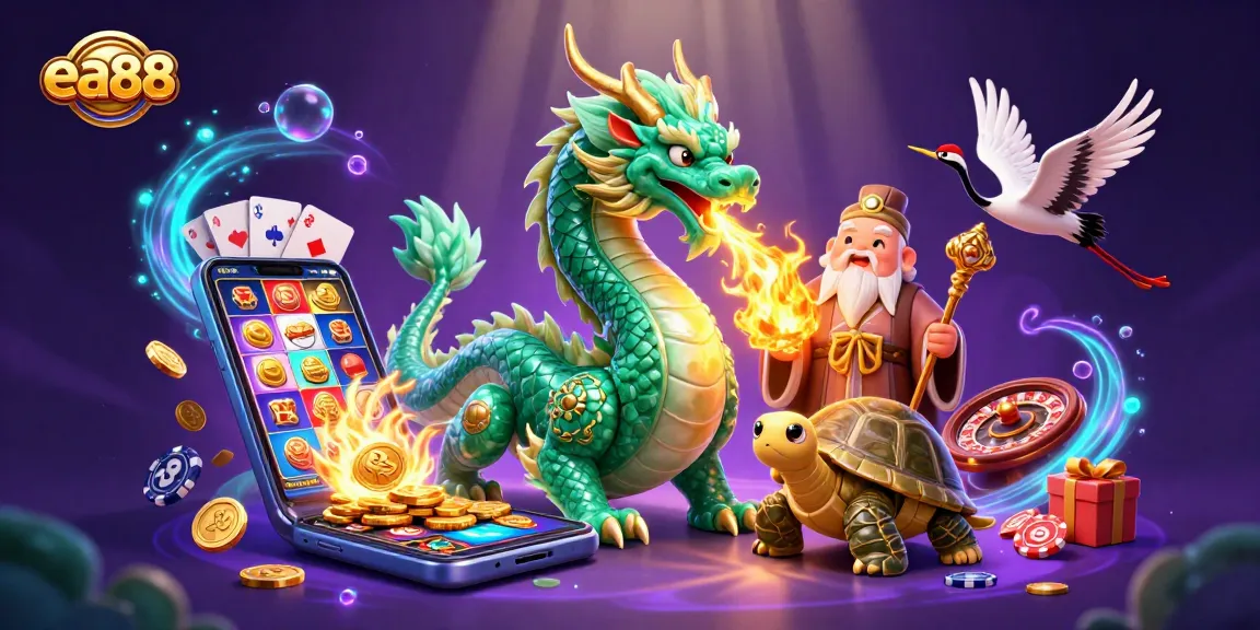 ea88 presents a vibrant 3D illustration of a dragon, turtle sage, and lucky cranes amidst casino-themed elements.