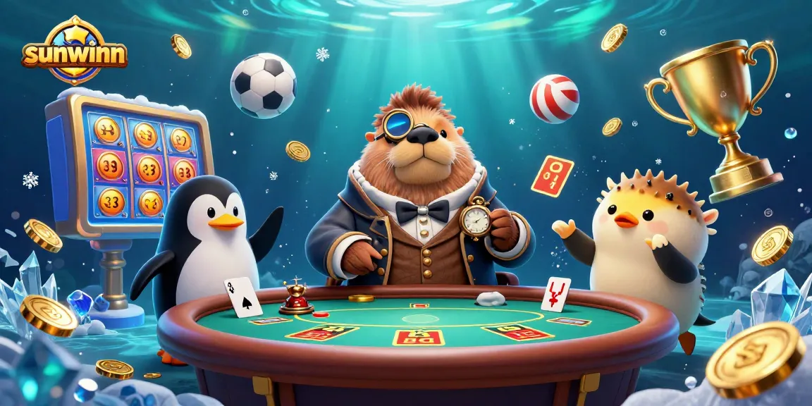 Experience exciting underwater poker with sunwinn, featuring a walrus, penguin dealer, and pufferfish player.