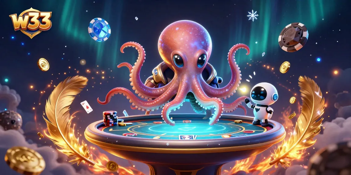 Play poker with w33 in an exciting 3D alien casino scene featuring vibrant characters and elements.