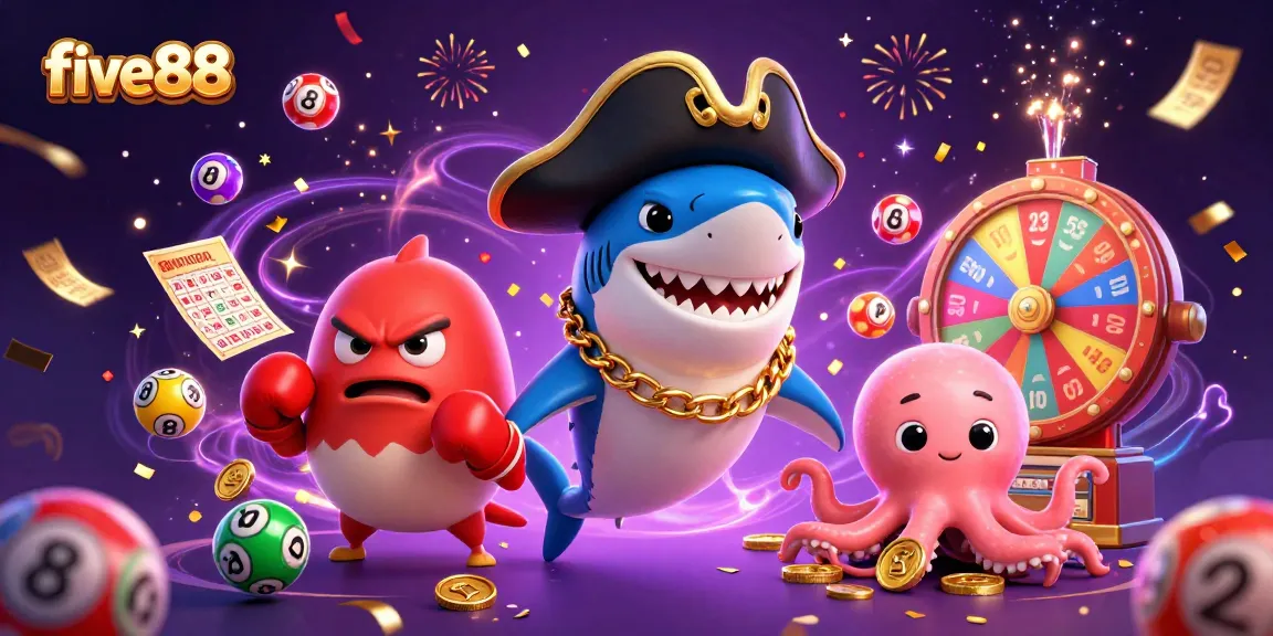Experience thrilling wins at five88 with a vibrant casino scene featuring animated characters and dynamic gaming elements.